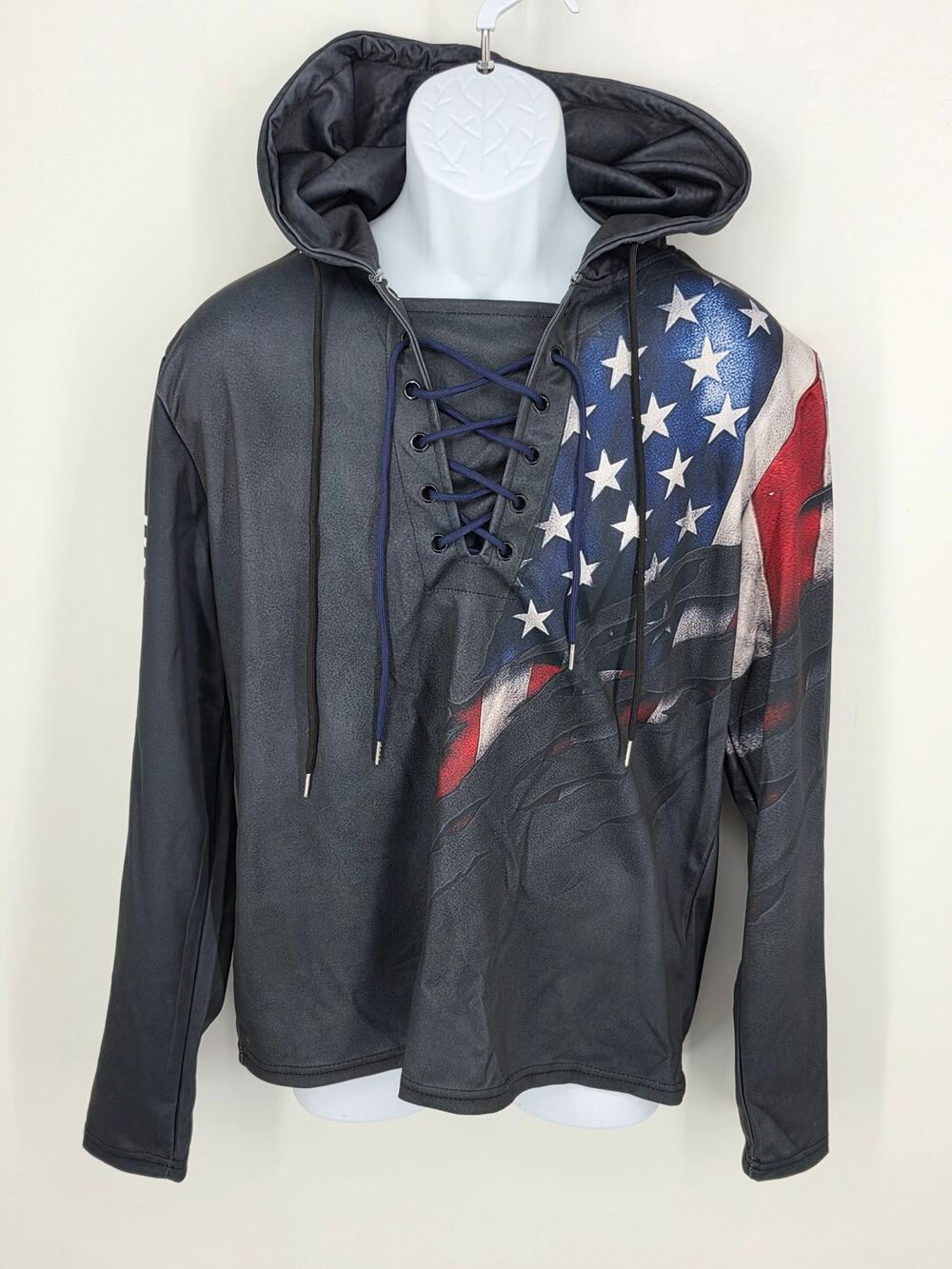 Unbranded Men Size XL American Flag Hoodie Lace Up Neck Patriotic Black Pullover